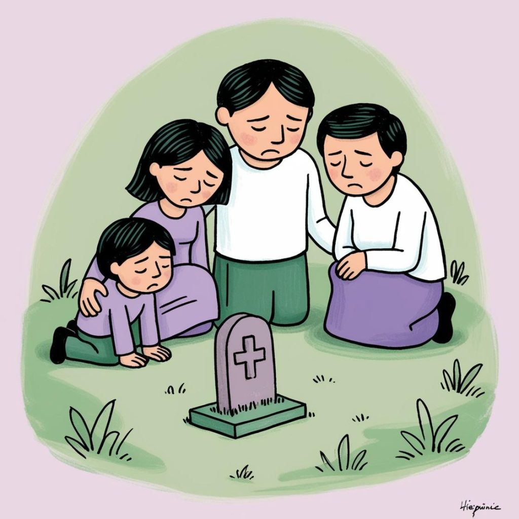famille endeuillée autour d'une petite tombe